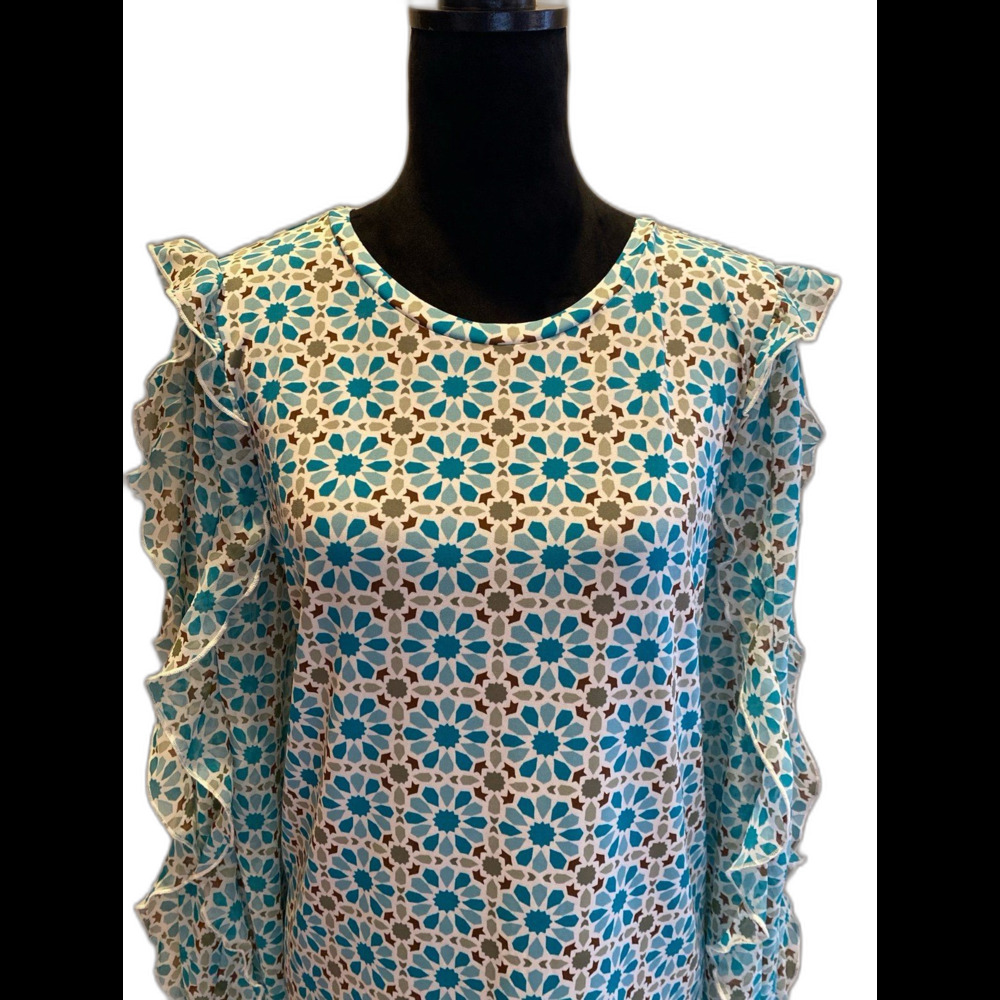 Cato Blouse Size XL Geometric‎ Design Turquoise Ruffle Long Sleeve + Stretch